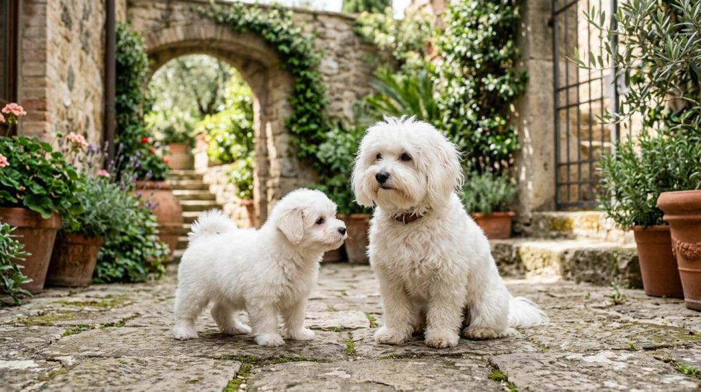 Adult Bolognese dog with a Bolognese puppy in a rustic Italian courtyard garden.
