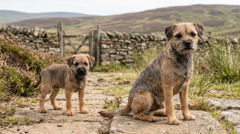Adult grizzle-and-tan Border Terrier sitting beside a young puppy in the heather-covered Border-country hills.