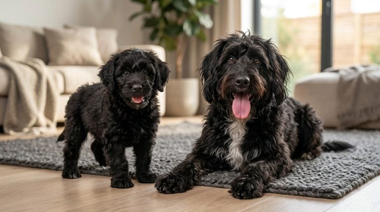 Black Bordoodle lying on a rug beside a smaller black Bordoodle puppy in a bright living room, both with shaggy coats and happy, open-mouthed expressions.