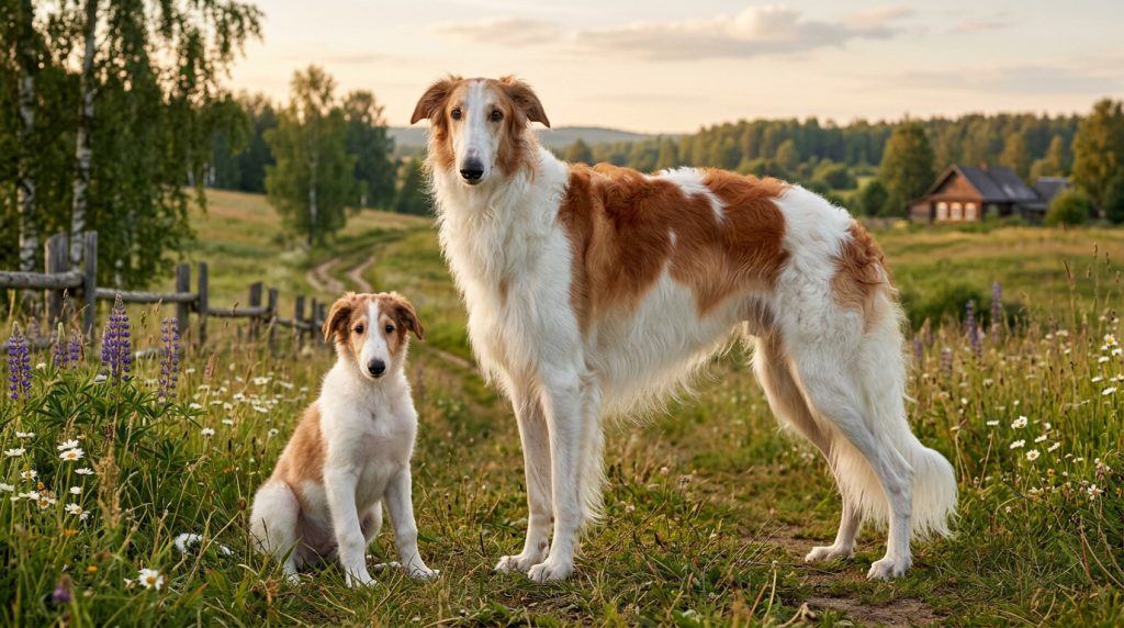 Adult Borzoi standing beside a Borzoi puppy in a peaceful rural meadow, showcasing the breed's elegant sighthound build, long silky feathered coat, refined head and graceful Russian hunting heritage.