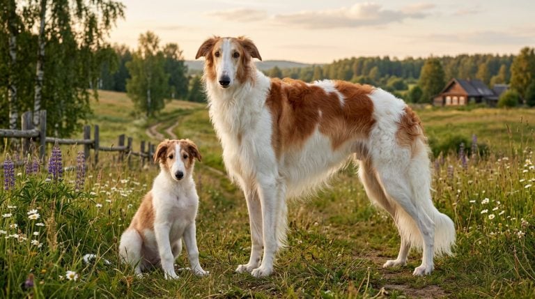 Adult Borzoi standing beside a Borzoi puppy in a peaceful rural meadow, showcasing the breed's elegant sighthound build, long silky feathered coat, refined head and graceful Russian hunting heritage.