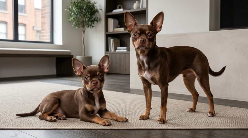 Adult Boston Huahua standing beside a young Boston Huahua puppy in a contemporary urban home.