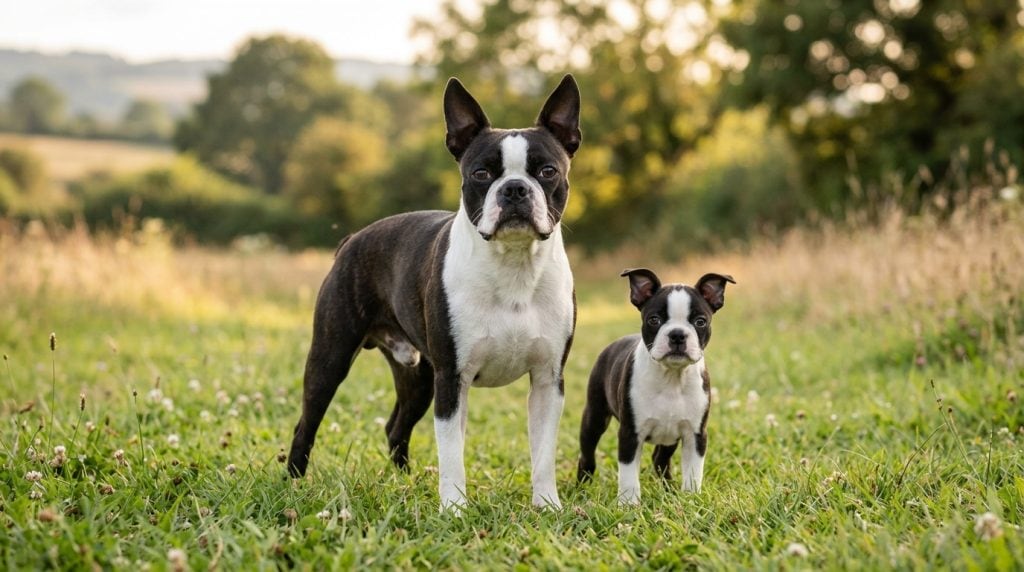 Adult Boston Terrier lying beside a Boston Terrier puppy on grass in a garden.