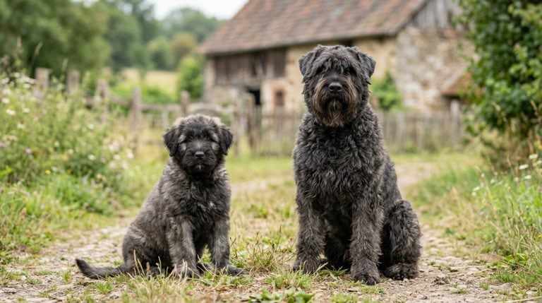 Bouvier des Flandres puppy and adult dog sitting together on a rural farm path, showing the breed’s shaggy coat, strong build, and distinctive beard and eyebrows.