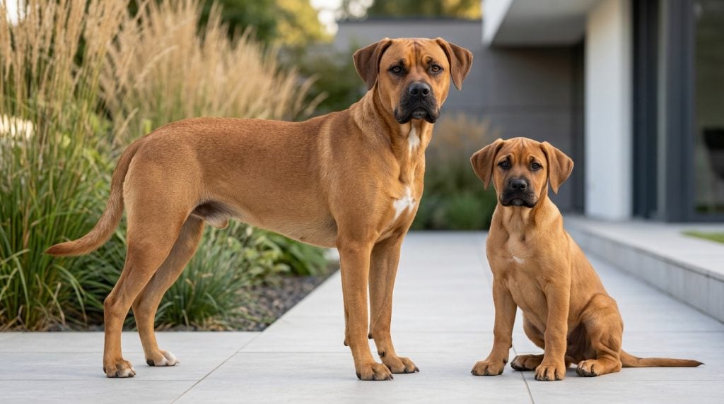 Adult Boxador standing in profile beside a Boxador puppy in a contemporary landscaped garden, showcasing the breed's athletic build, short fawn coat, broad head and Boxer–Labrador characteristics.