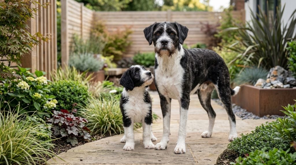 Adult Boxerdoodle standing beside a Boxerdoodle puppy in a contemporary landscaped garden, highlighting the breed's athletic build, scruffy black and white coat, and Boxer–Poodle characteristics.