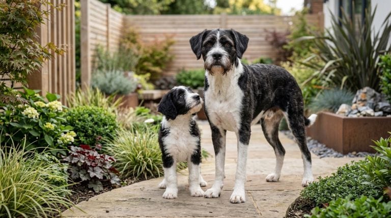 Adult Boxerdoodle standing beside a Boxerdoodle puppy in a contemporary landscaped garden, highlighting the breed's athletic build, scruffy black and white coat, and Boxer–Poodle characteristics.