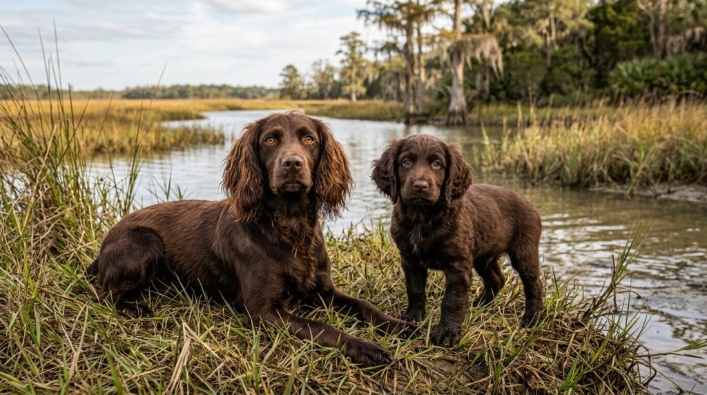 Adult Boykin Spaniel lying beside a Boykin Spaniel puppy on the edge of a South Carolina marshland.