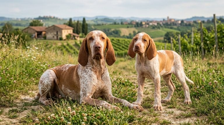 Adult Bracco Italiano lying beside a Bracco Italiano puppy in the Italian countryside, showing the breed's long ears, white-and-orange coat and elegant hunting dog build.