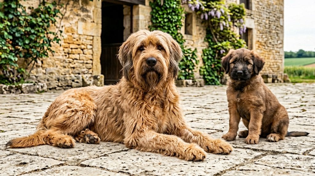 Adult Briard lying beside a Briard puppy in a rustic French stone courtyard