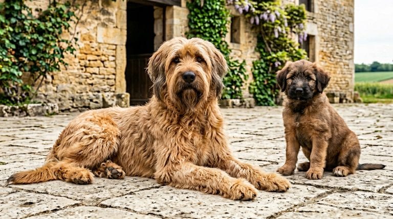 Adult Briard lying beside a Briard puppy in a rustic French stone courtyard