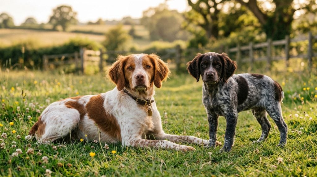 Adult Brittany standing in a countryside field beside a Brittany puppy.
