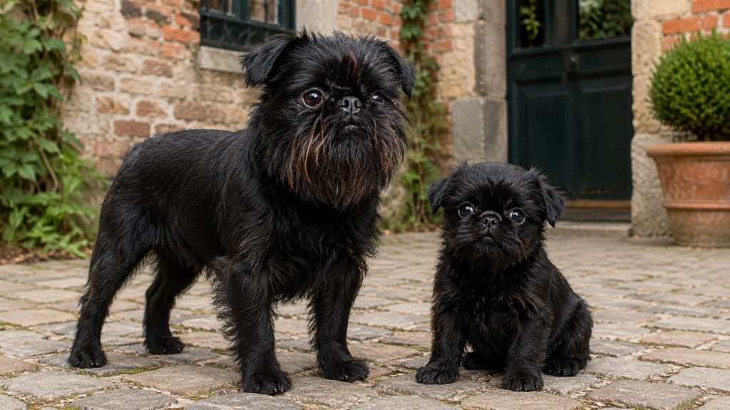 Adult black rough-coated Brussels Griffon standing beside a young puppy in a historic Brussels courtyard.