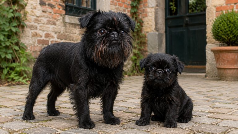 Adult black rough-coated Brussels Griffon standing beside a young puppy in a historic Brussels courtyard.