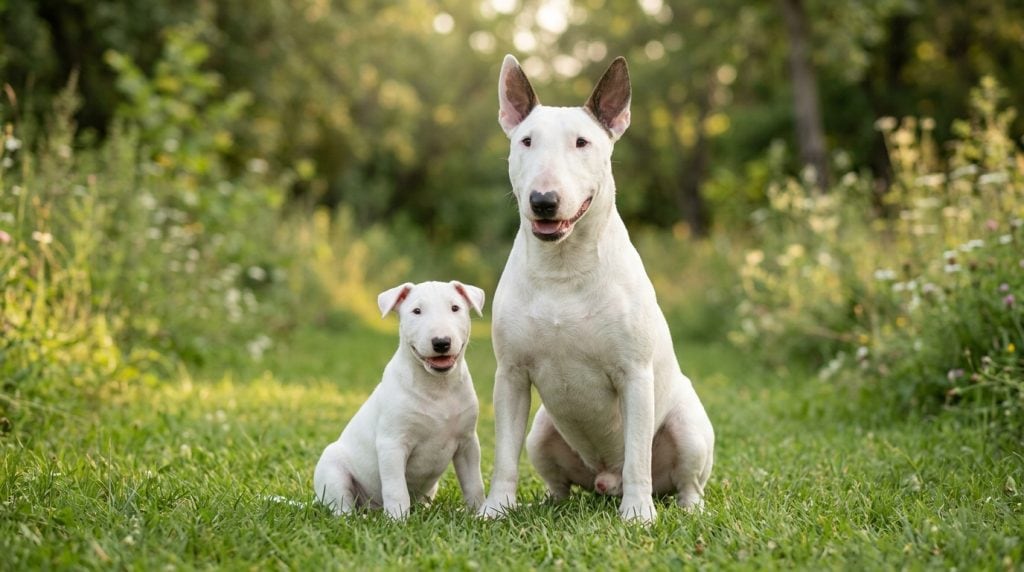 Adult Bull Terrier sitting beside a Bull Terrier puppy on grass in a park.
