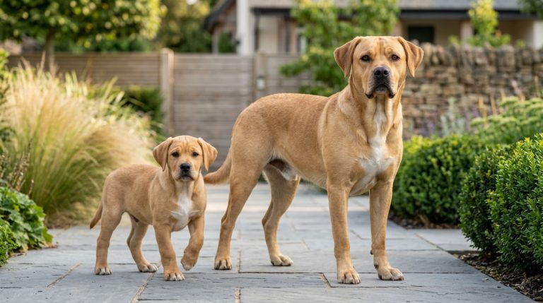 Adult and puppy Bullador in a contemporary landscaped garden, showing the breed's balanced Labrador Retriever and English Bulldog characteristics with an athletic muscular build, broad chest, medium-length muzzle, smooth yellow coat and calm, attentive expression.