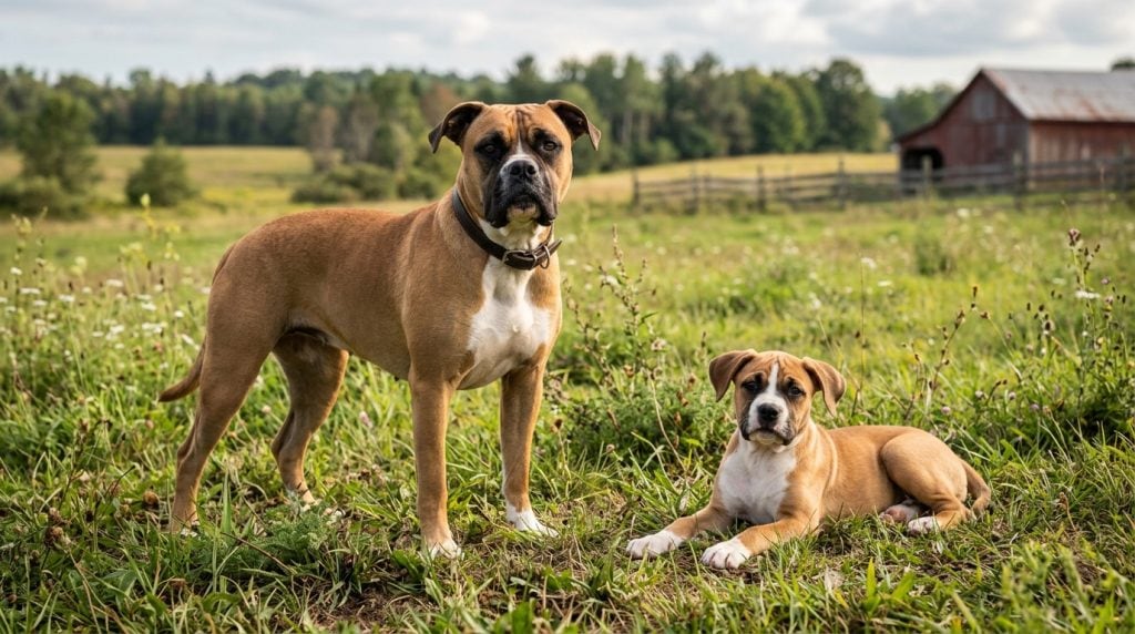 Adult Bullboxer dog with a Bullboxer puppy together in a natural rural countryside field.