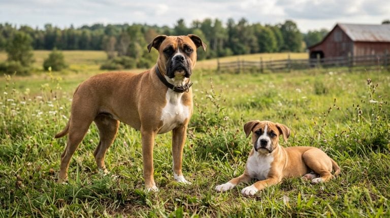 Adult Bullboxer dog with a Bullboxer puppy together in a natural rural countryside field.
