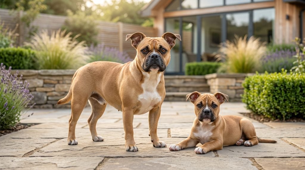 Adult and puppy Bullhuahua in a contemporary landscaped garden, showing the breed's balanced English Bulldog and Chihuahua characteristics with a compact muscular build, broad chest, medium-short muzzle, semi-erect ears, smooth fawn coat and calm, alert expression.