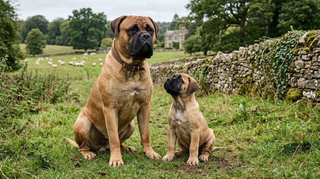 Adult Bullmastiff and Bullmastiff puppy sitting together in a rural countryside field with stone walls and historic farm buildings in the background.