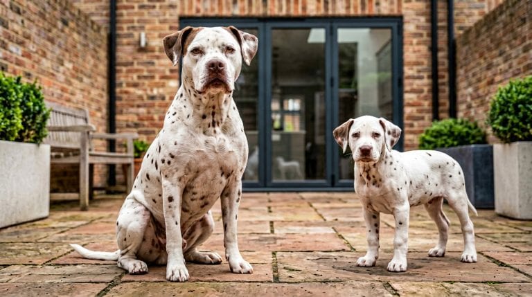 Alt text: Adult Bullmatian sitting beside a young spotted Bullmatian puppy in a contemporary brick courtyard.