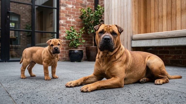 Adult Bullpei lying beside a young Bullpei puppy in a contemporary urban courtyard.