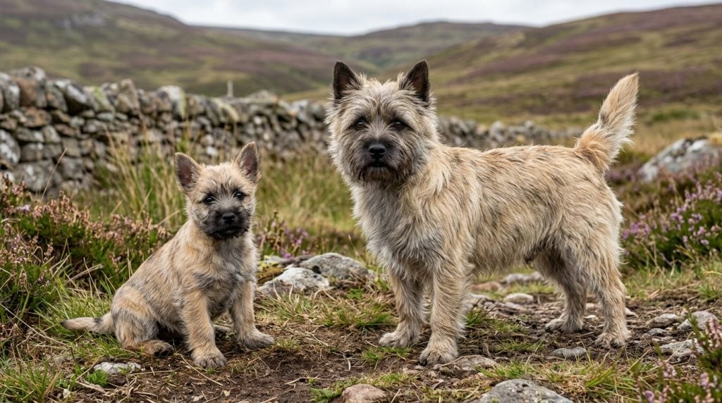 Adult brindled wheaten Cairn Terrier standing beside a young puppy on rocky Scottish moorland.