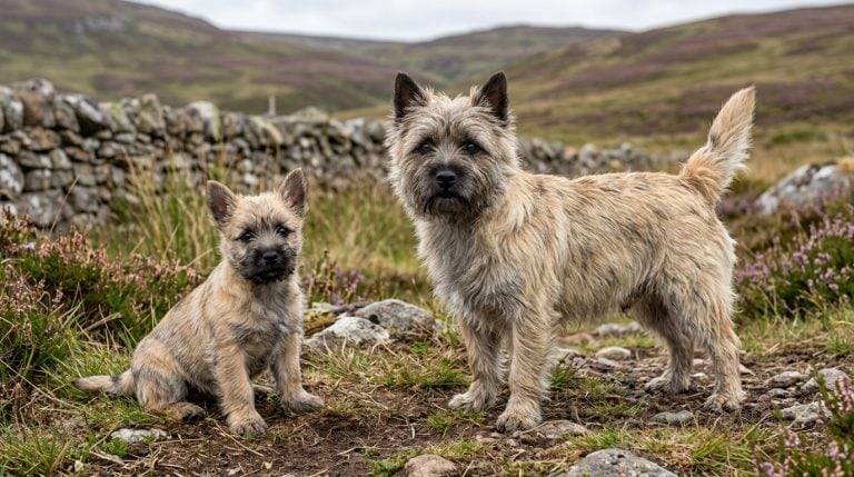 Adult brindled wheaten Cairn Terrier standing beside a young puppy on rocky Scottish moorland.