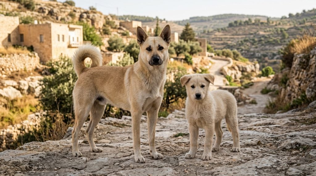 Adult Canaan Dog and Canaan Dog puppy standing together in a traditional Middle Eastern hillside village with stone buildings, terraced slopes and rocky countryside in the background.