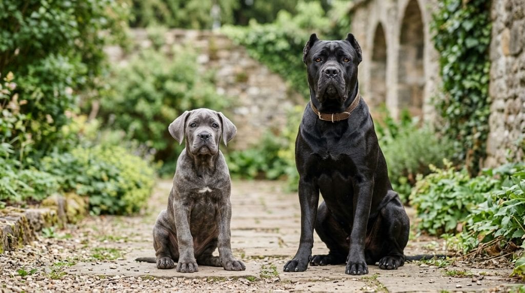 Grey Cane Corso puppy and black adult dog sitting together in a rustic Italian courtyard, highlighting the breed’s muscular build, short coat, and protective presence.