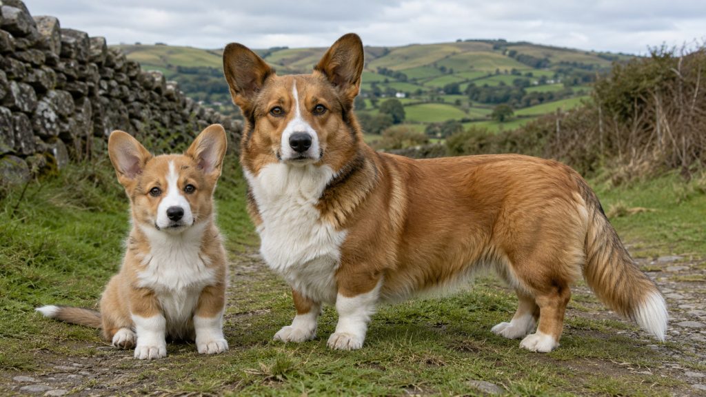 Adult sable-and-white Cardigan Welsh Corgi standing beside a young puppy on a rural Welsh hillside.