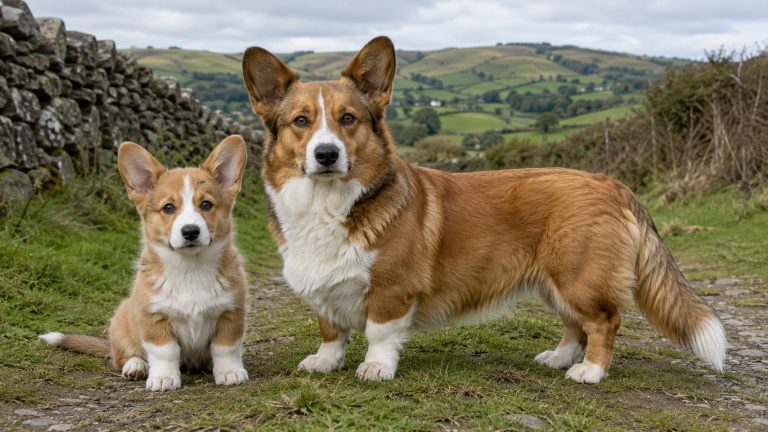 Adult sable-and-white Cardigan Welsh Corgi standing beside a young puppy on a rural Welsh hillside.