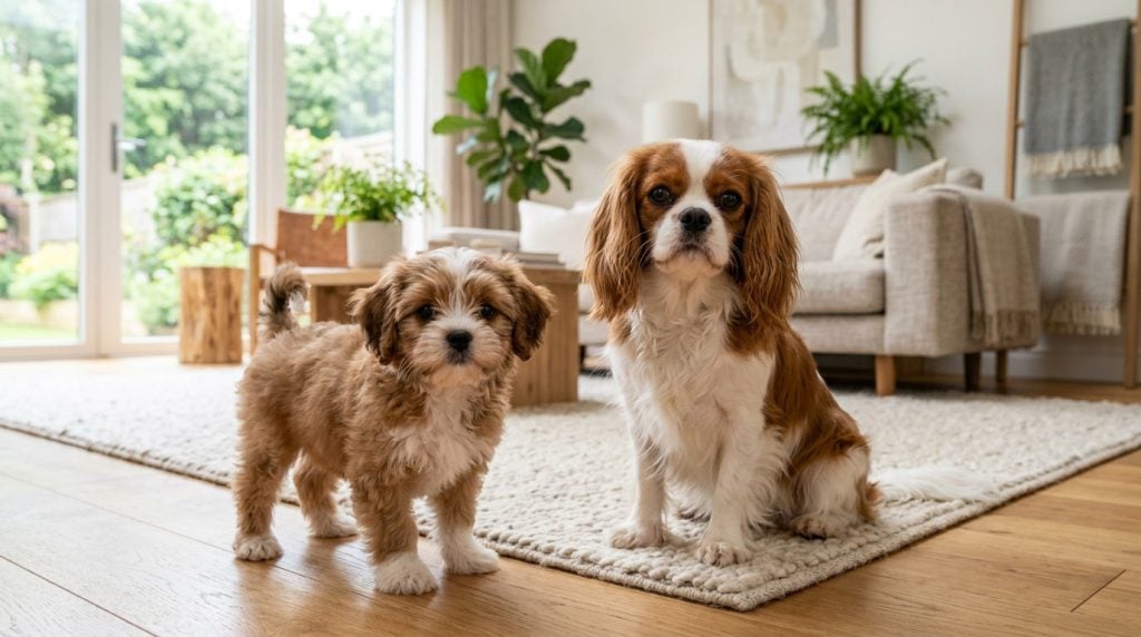 Adult Cava-Tzu dog and fluffy Cava-Tzu puppy standing together inside a bright modern living room with soft natural daylight, neutral décor, and warm wooden flooring.