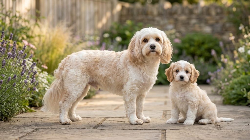 Adult and puppy Cavachon in a contemporary cottage garden, showing the breed's balanced Cavalier King Charles Spaniel and Bichon Frise characteristics with a compact elegant build, soft naturally wavy cream coat, feathered drop ears, expressive dark eyes and a calm, friendly expression.