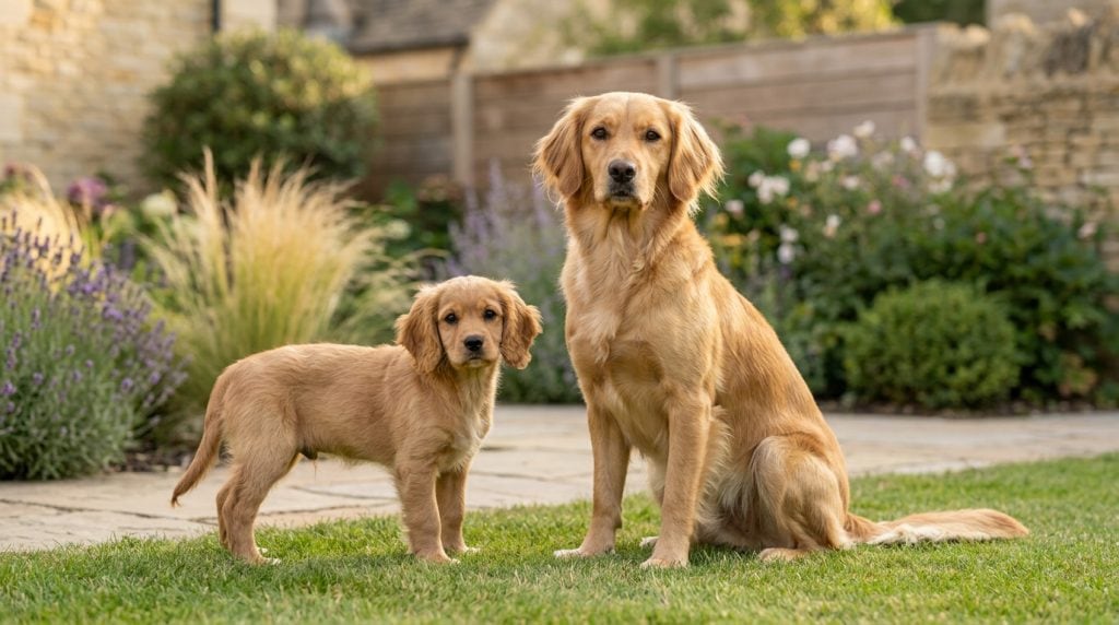 Adult and puppy Cavador in a contemporary landscaped garden, showing the breed's balanced Labrador Retriever and Cavalier King Charles Spaniel characteristics with an athletic medium-sized build, soft golden coat, feathered drop ears, expressive dark eyes and a calm, friendly expression.
