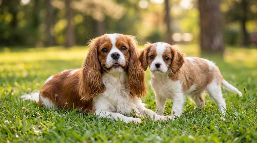 Adult Cavalier King Charles Spaniel standing in a meadow beside a Cavalier puppy.