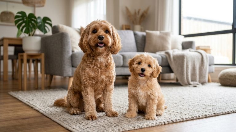 Apricot Cavapoo adult and puppy indoors in a modern living room, both with curly coats and cheerful expressions.