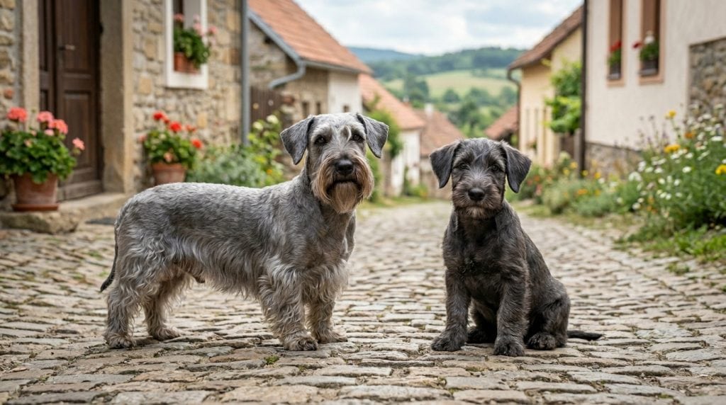 Adult Cesky Terrier standing beside a Cesky Terrier puppy in a traditional Czech village street.