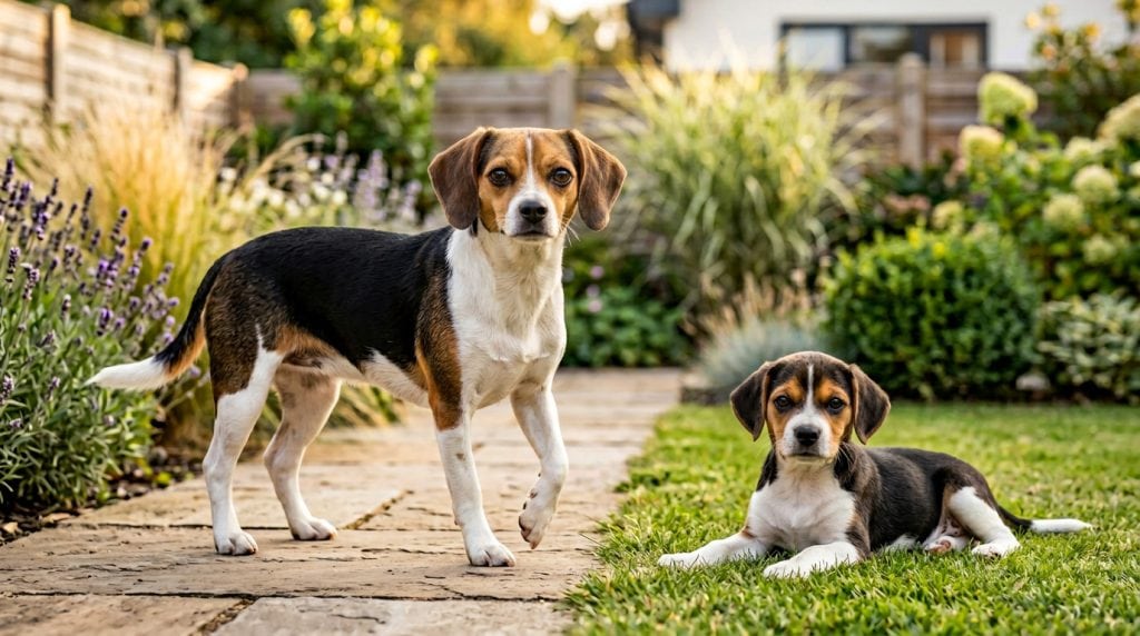 Adult and puppy Cheagle in a contemporary landscaped garden, showing the breed's balanced Beagle and Chihuahua characteristics with a compact athletic build, smooth tricolour coat, expressive dark eyes, medium drop ears and a friendly, alert companion expression.