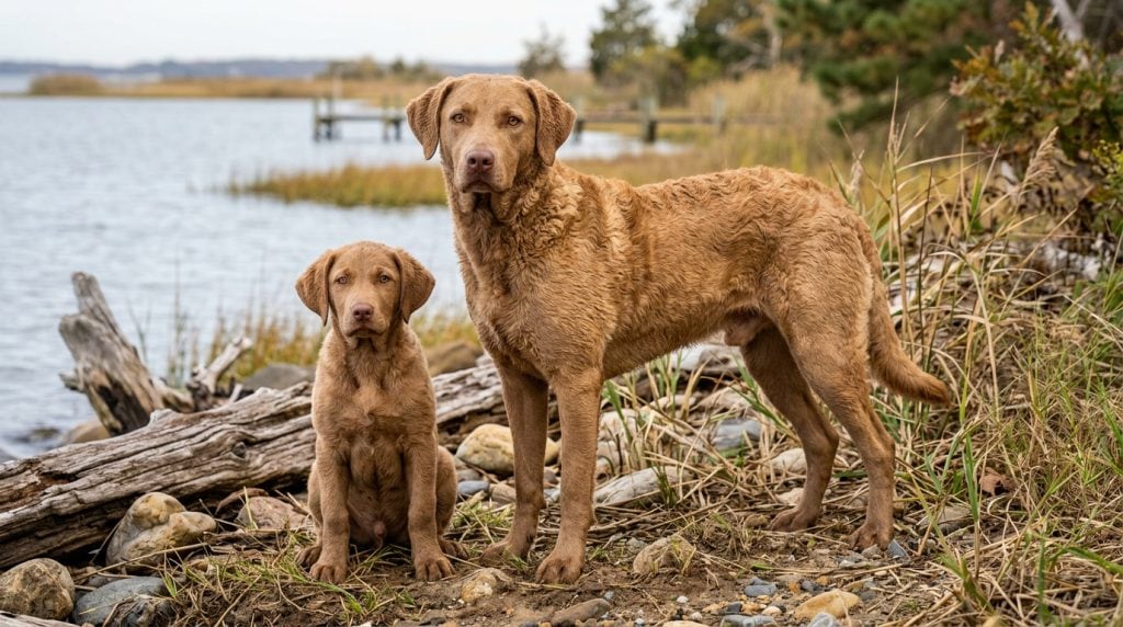 Adult Chesapeake Bay Retriever standing beside a Chesapeake Bay Retriever puppy on a natural shoreline, showcasing the breed's powerful build, distinctive wavy deadgrass coat, amber eyes and confident working retriever expression.