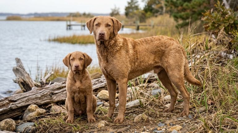 Adult Chesapeake Bay Retriever standing beside a Chesapeake Bay Retriever puppy on a natural shoreline, showcasing the breed's powerful build, distinctive wavy deadgrass coat, amber eyes and confident working retriever expression.