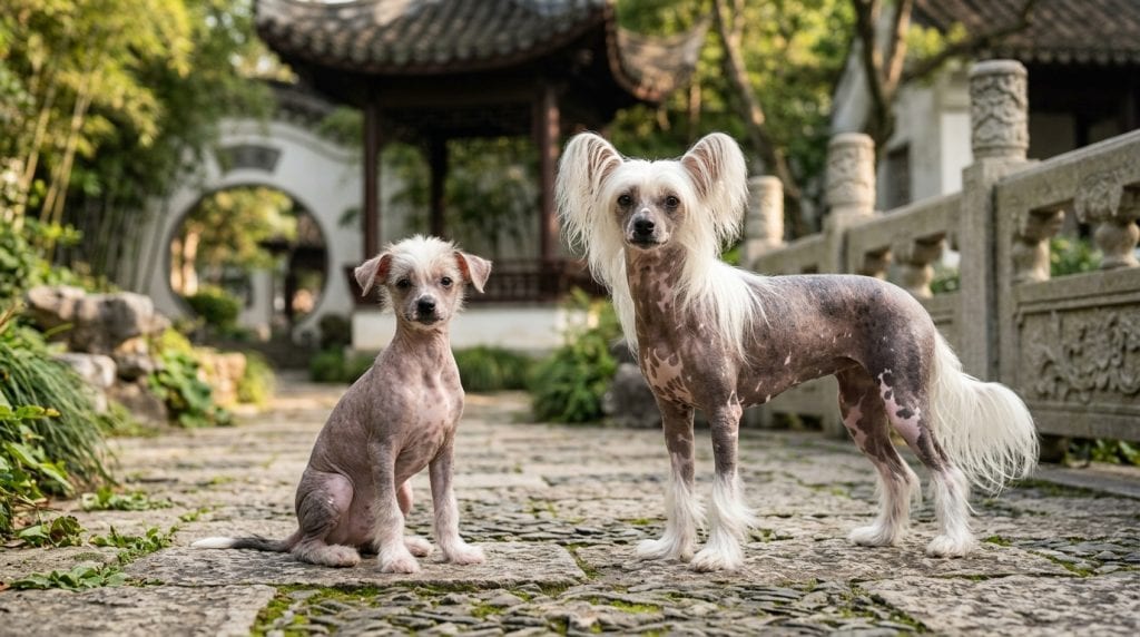 Chinese Crested hairless adult dog standing beside a hairless puppy in a traditional garden courtyard, showing bare skin with long crest hair, socks on the feet, and a plume tail.
