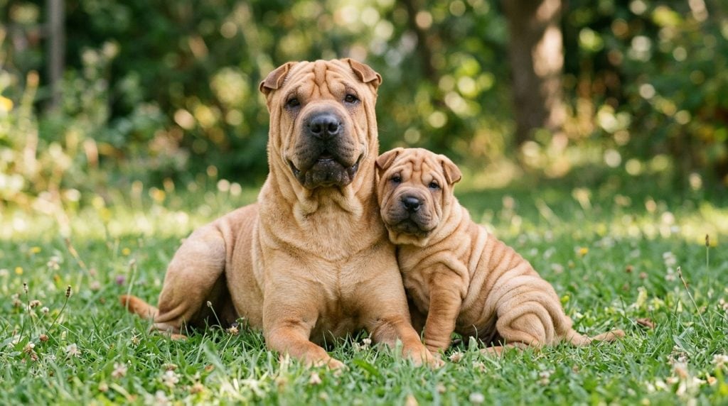 Adult Chinese Shar-Pei lying on grass beside a wrinkled Shar-Pei puppy.