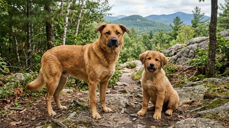 Adult Chinook dog with a Chinook puppy standing on a rocky forest trail in the mountains of New Hampshire.