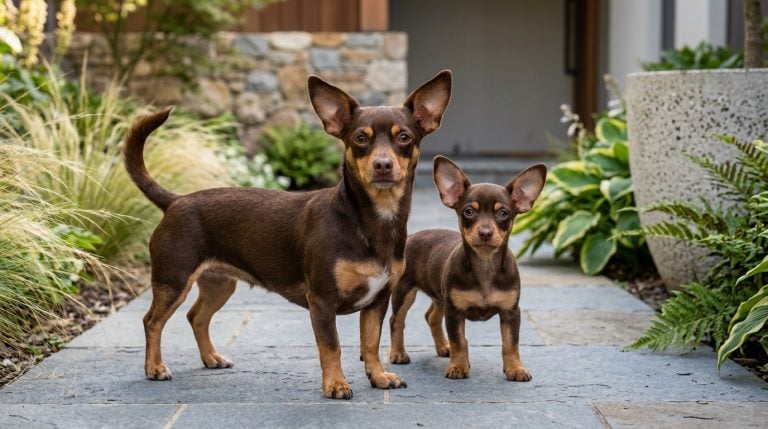 Adult Chiweenie standing beside a Chiweenie puppy on a contemporary stone garden path, showcasing the breed's elongated body, chocolate and tan colouring, alert ears and distinctive Chihuahua–Dachshund characteristics.