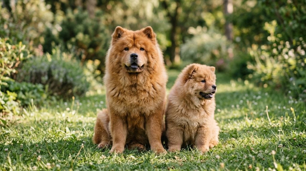 Adult Chow Chow sitting beside a Chow Chow puppy on grass in a garden.