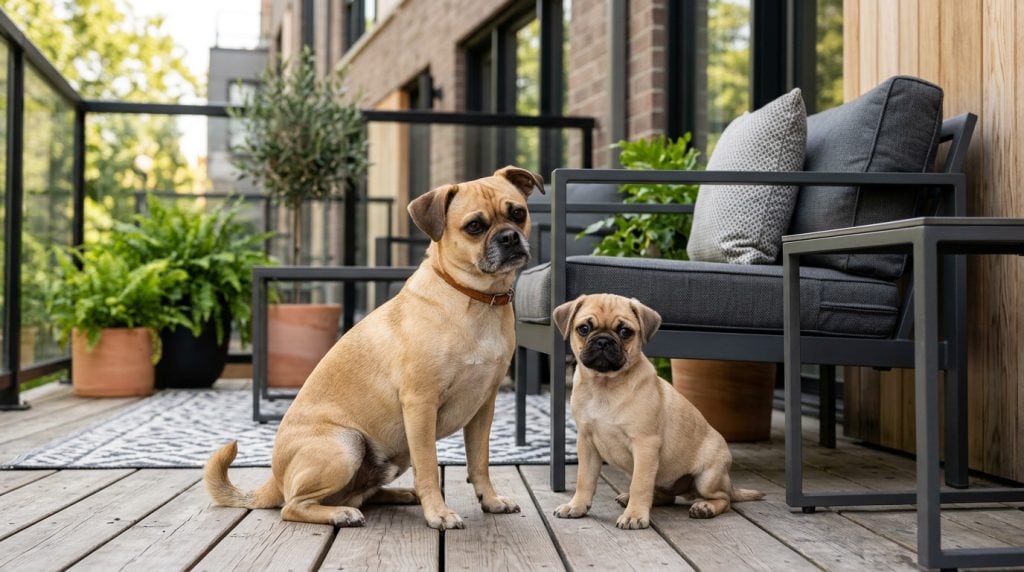 Adult Chug dog and Chug puppy sitting together on a modern townhouse patio with wooden decking, outdoor furniture, and soft natural daylight.