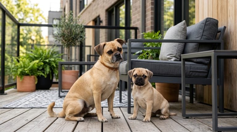 Adult Chug dog and Chug puppy sitting together on a modern townhouse patio with wooden decking, outdoor furniture, and soft natural daylight.