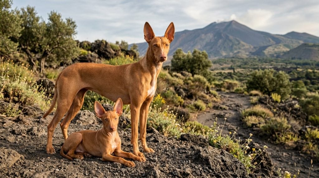 Adult Cirneco dell'Etna standing beside a Cirneco dell'Etna puppy on the volcanic slopes of Mount Etna in Sicily, showing the breed's large upright ears, athletic build and chestnut coat.