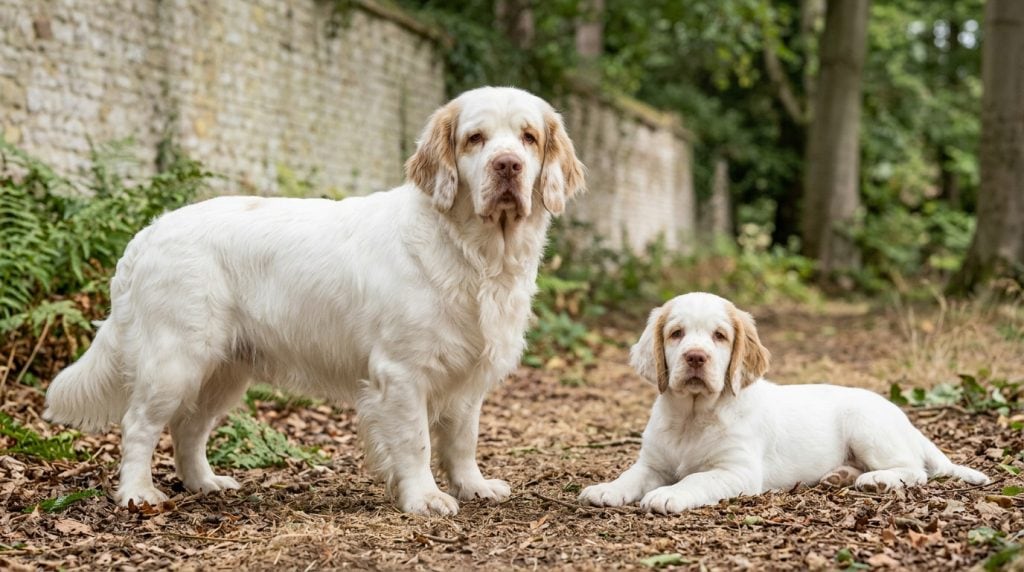 Adult white Clumber Spaniel standing beside a young puppy on a woodland path.